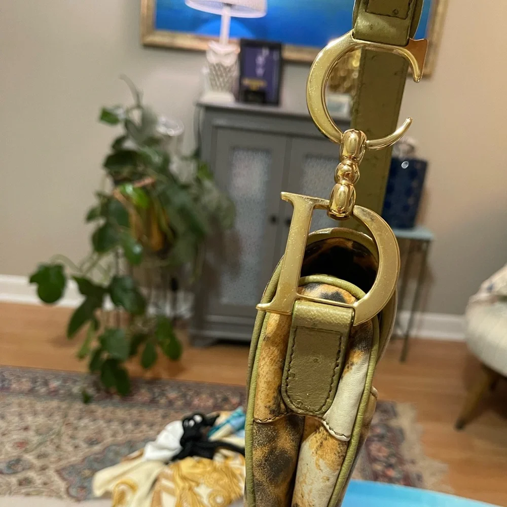 Dior Canvas & Ostrich Leather Leopard Print Saddle Bag - Picture 7 of 17